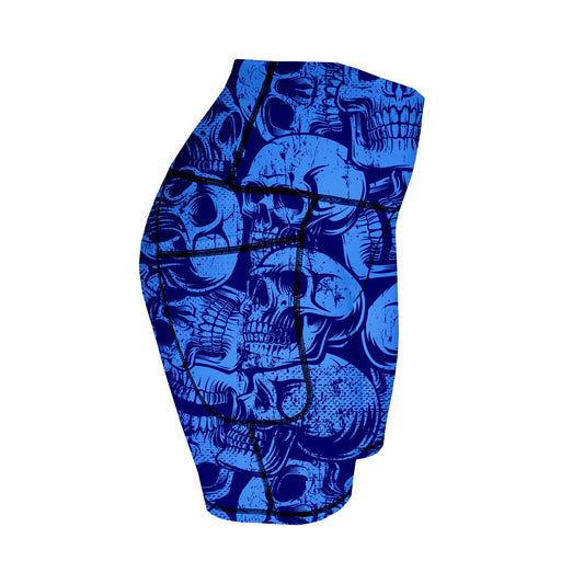 Biker Shorts - Blue Grunge Skulls