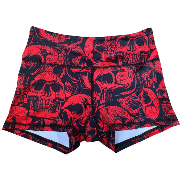 Performance Booty Shorts - Red Grunge Skulls